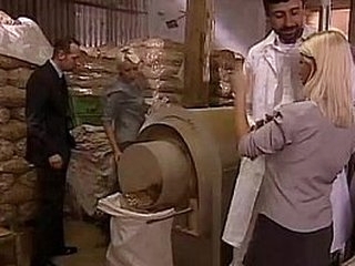 Sexual orgy in a factory with two blonde sluts